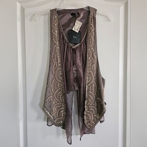 NWT Ryu Vest Intricate Beading & Sequin Embellishments Taupe Brown Womens Small